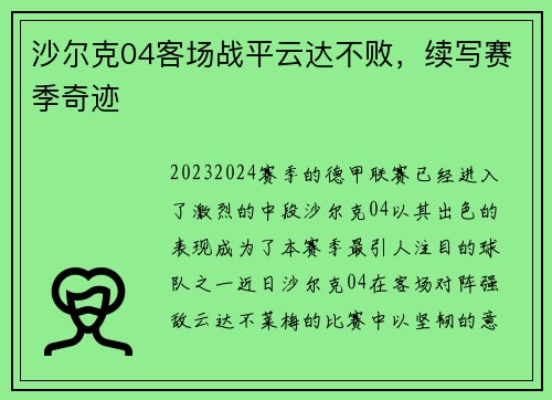 沙尔克04客场战平云达不败，续写赛季奇迹